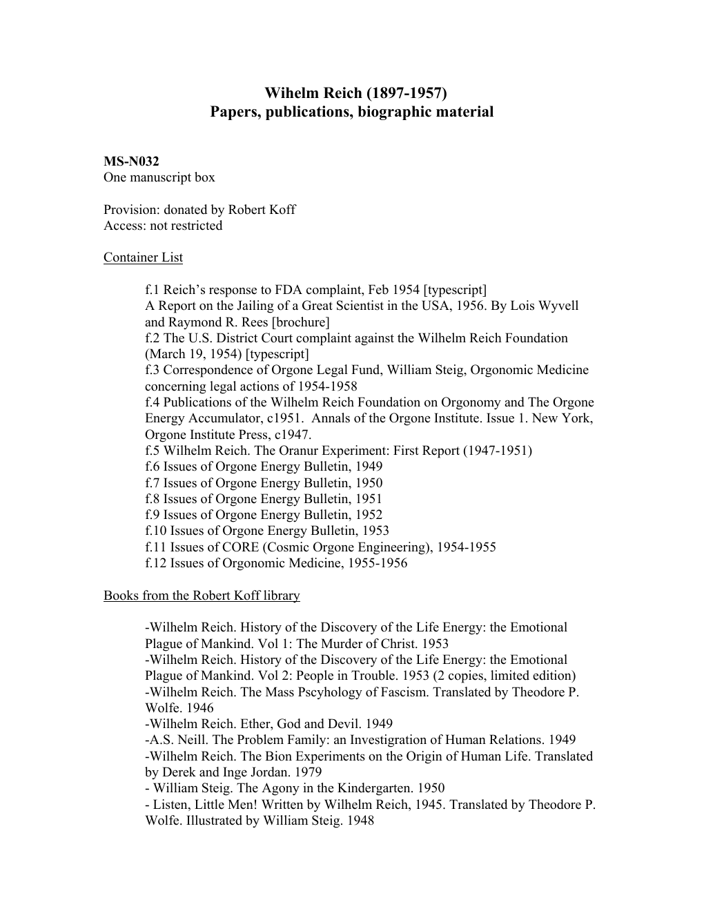 Primary-source document image for Orgone Theory